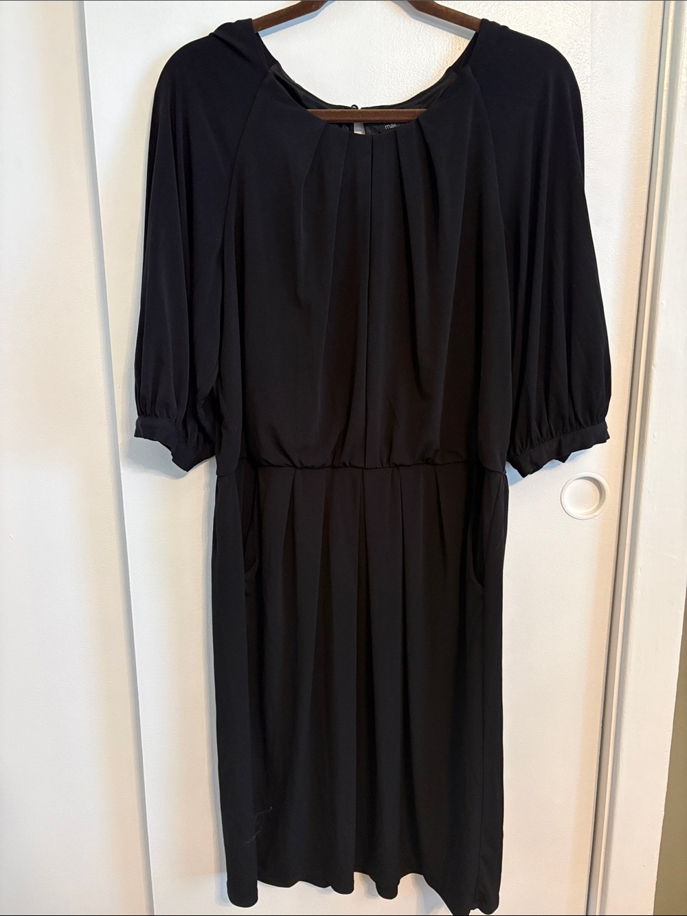 Max & Cleo Black Midi Dress with Pleated Neck and Waist